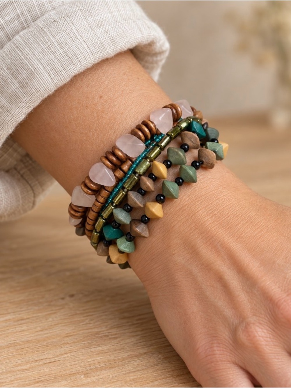 Layered Multicolor Beaded Bracelet Stack - Women Jewelry Green tone
